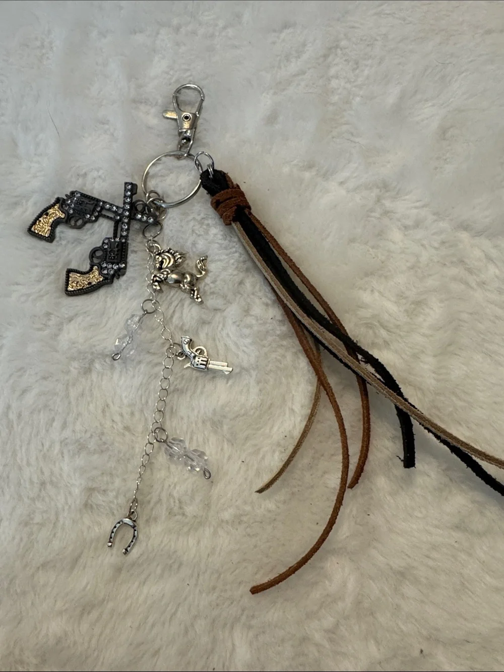 Tassel and Charm Keychain - Brown & Black Leather with Silver Charms